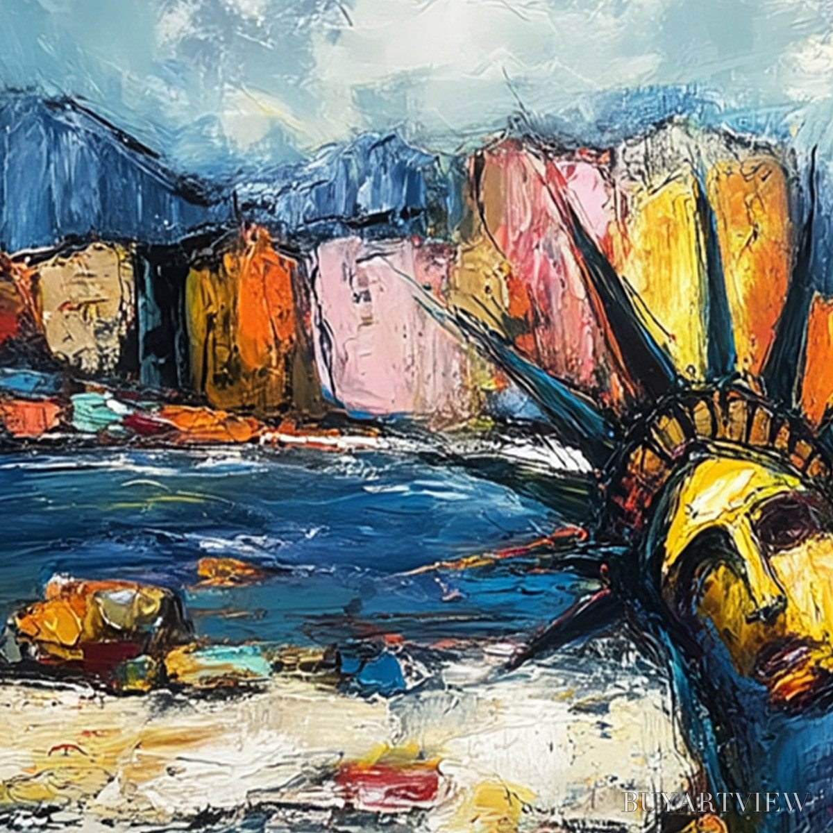 BUYARTVIEW Empire Vibrations – Textured Abstract Statue of Liberty Cityscape Painting - image 3