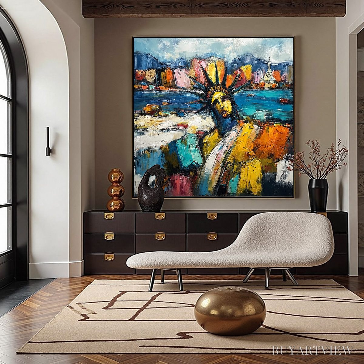 BUYARTVIEW Empire Vibrations – Textured Abstract Statue of Liberty Cityscape Painting - image 4