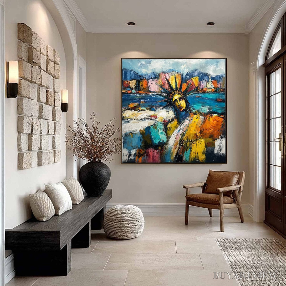 BUYARTVIEW Empire Vibrations – Textured Abstract Statue of Liberty Cityscape Painting - image 6