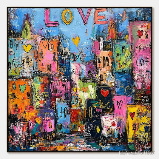 BUYARTVIEW City of Love – Vibrant Textured Abstract Cityscape 'Love' Painting - image 1