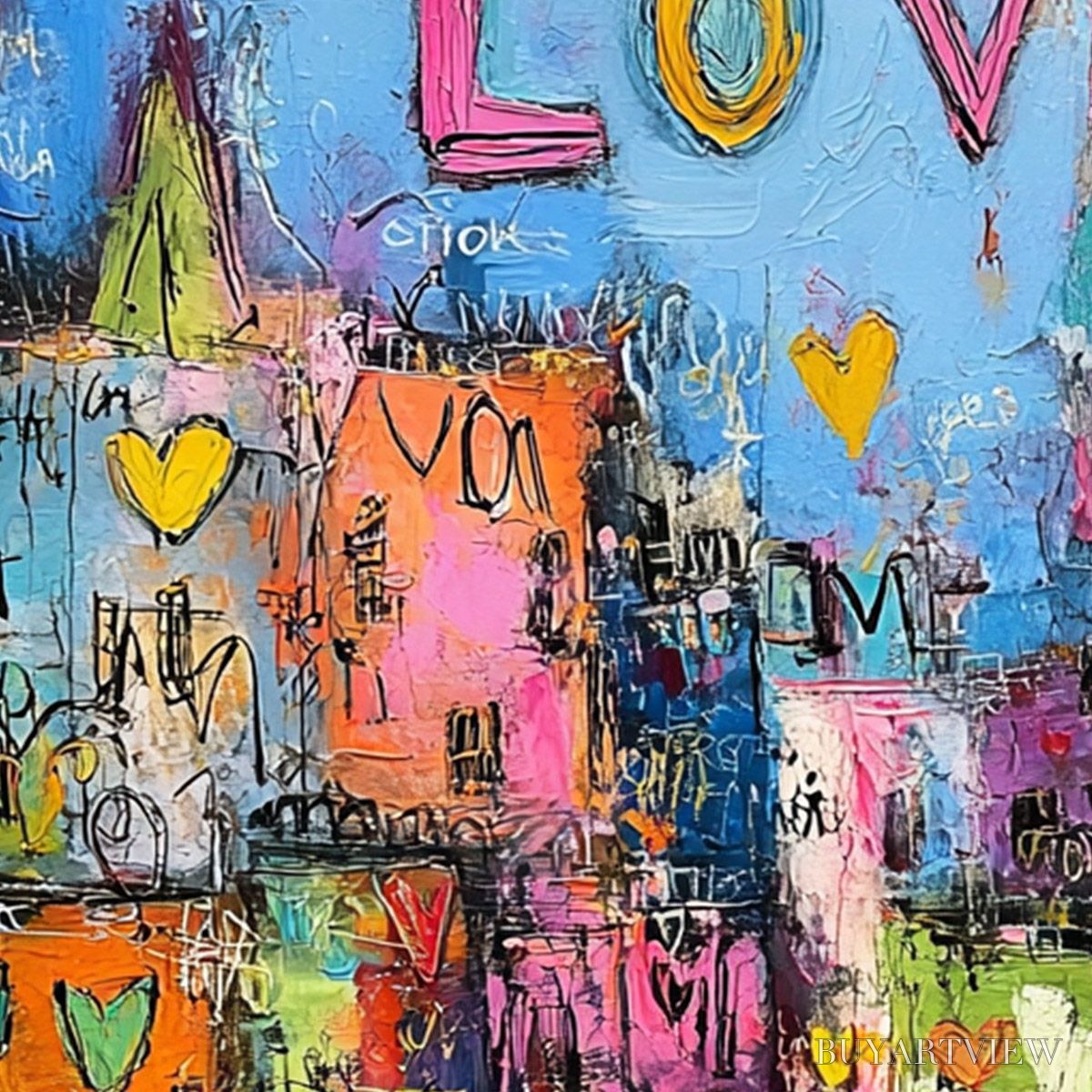 BUYARTVIEW City of Love – Vibrant Textured Abstract Cityscape 'Love' Painting - image 5