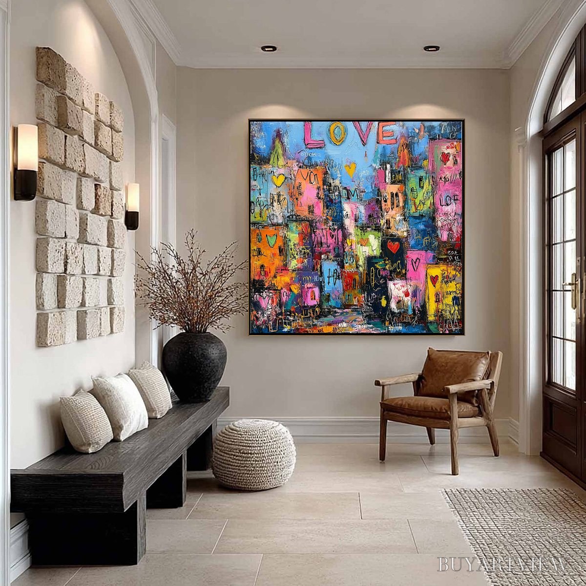 BUYARTVIEW City of Love – Vibrant Textured Abstract Cityscape 'Love' Painting - image 6