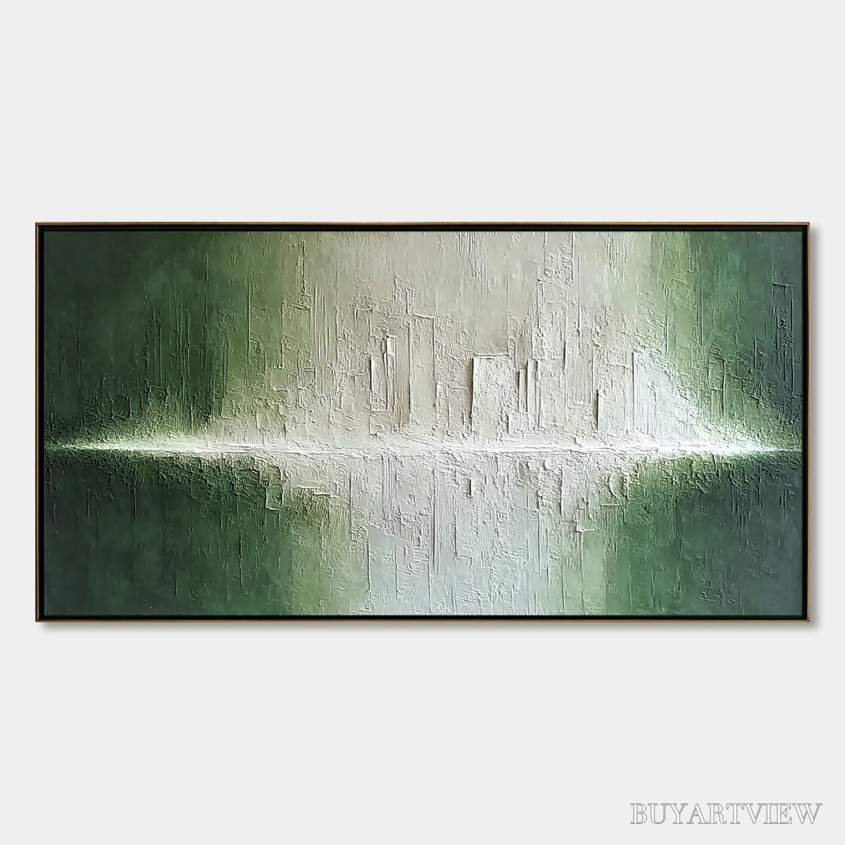 BUYARTVIEW Emerald Horizon – Large Textured Green and White Abstract Cityscape Painting - image 1