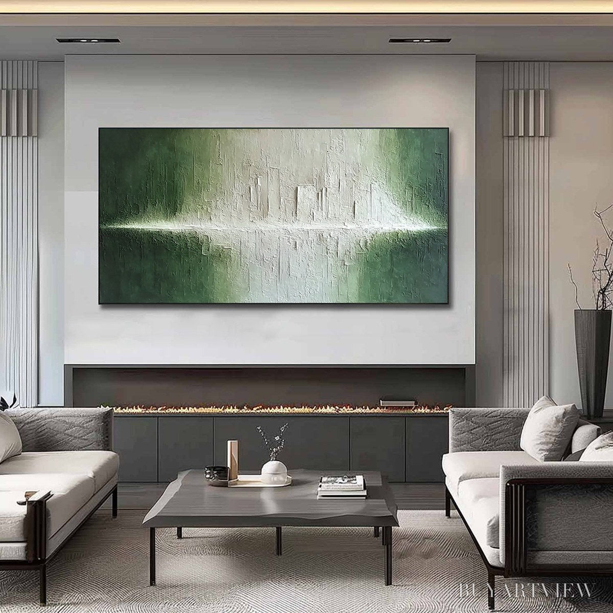 BUYARTVIEW Emerald Horizon – Large Textured Green and White Abstract Cityscape Painting - image 2