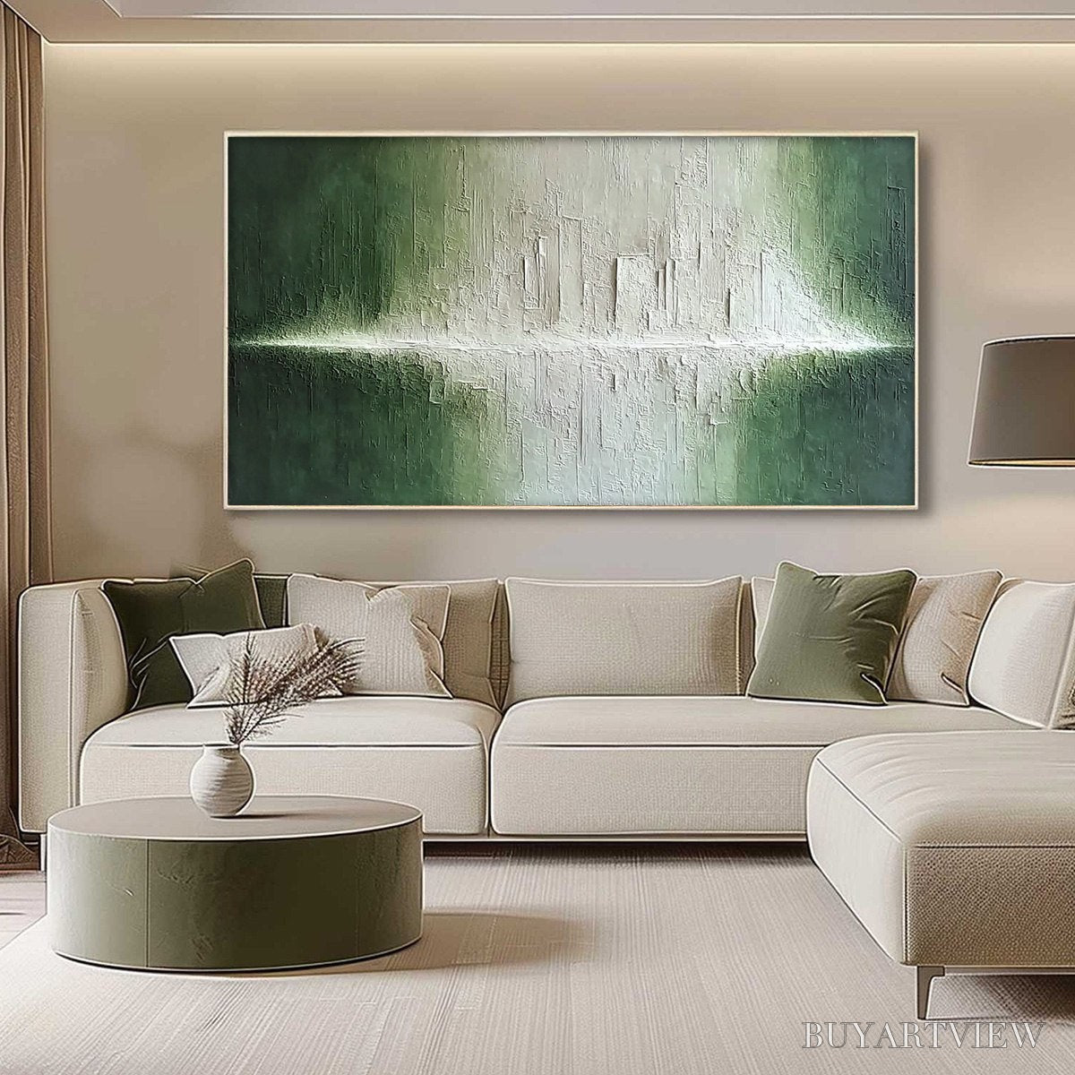BUYARTVIEW Emerald Horizon – Large Textured Green and White Abstract Cityscape Painting - image 4