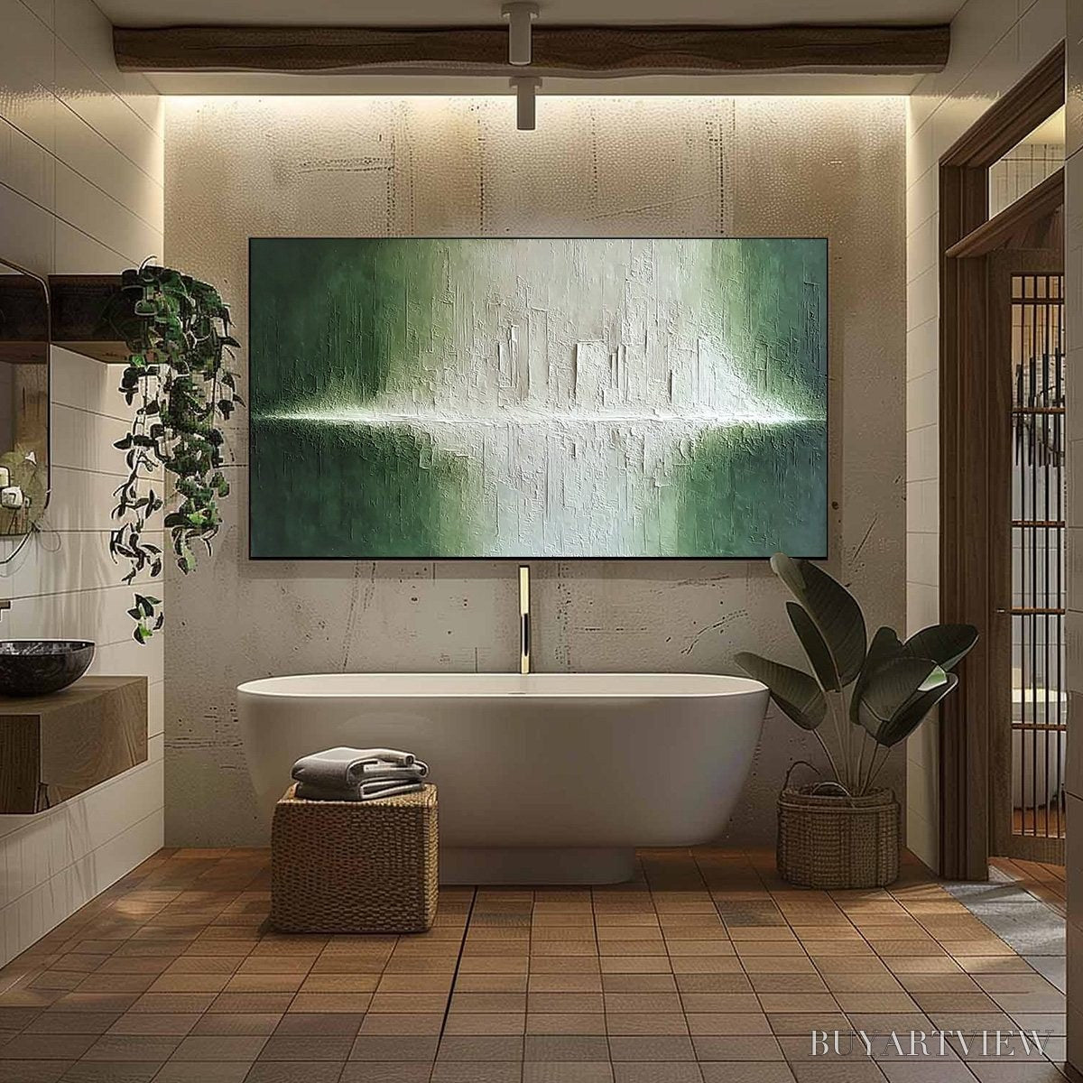 BUYARTVIEW Emerald Horizon – Large Textured Green and White Abstract Cityscape Painting - image 6