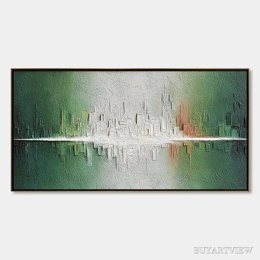 BUYARTVIEW Veridian Reflections – Textured Abstract Cityscape Reflection Painting - image 1