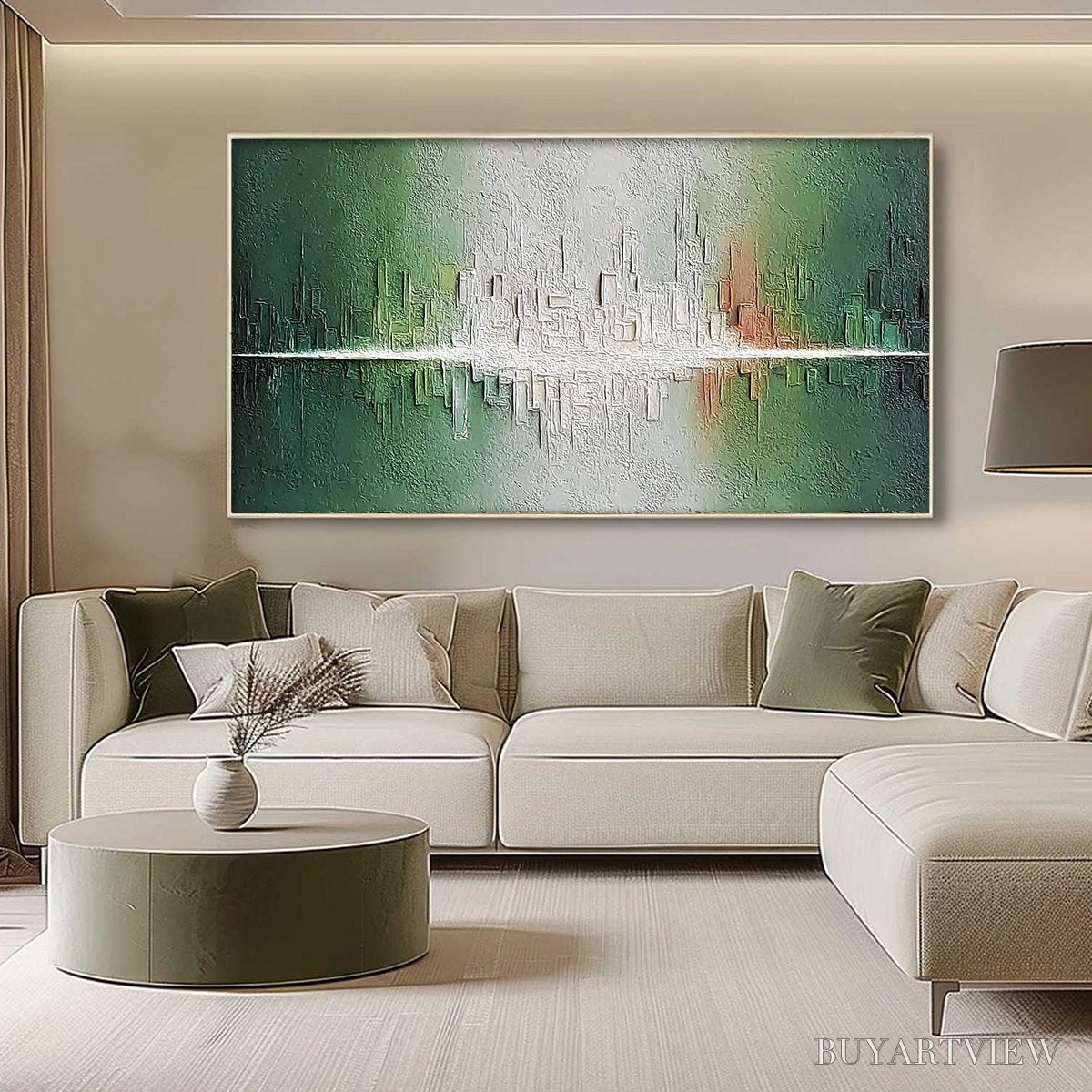 BUYARTVIEW Veridian Reflections – Textured Abstract Cityscape Reflection Painting - image 4