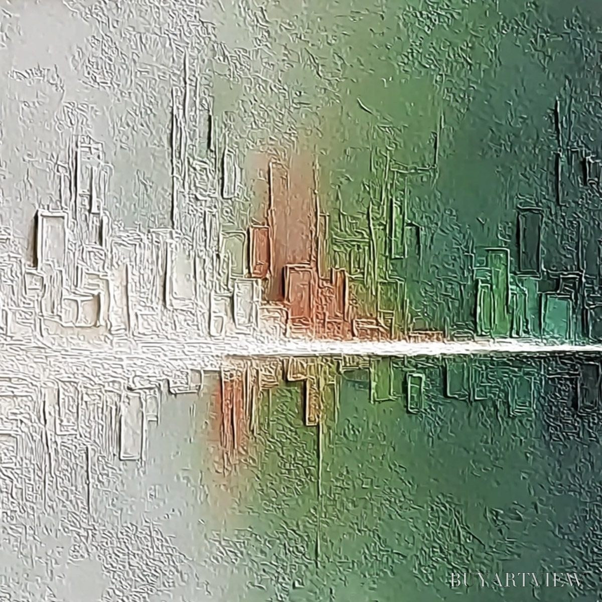 BUYARTVIEW Veridian Reflections – Textured Abstract Cityscape Reflection Painting - image 5