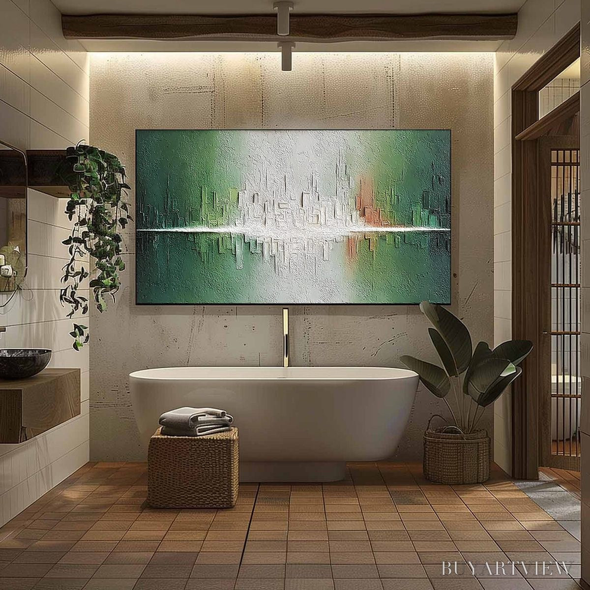 BUYARTVIEW Veridian Reflections – Textured Abstract Cityscape Reflection Painting - image 6
