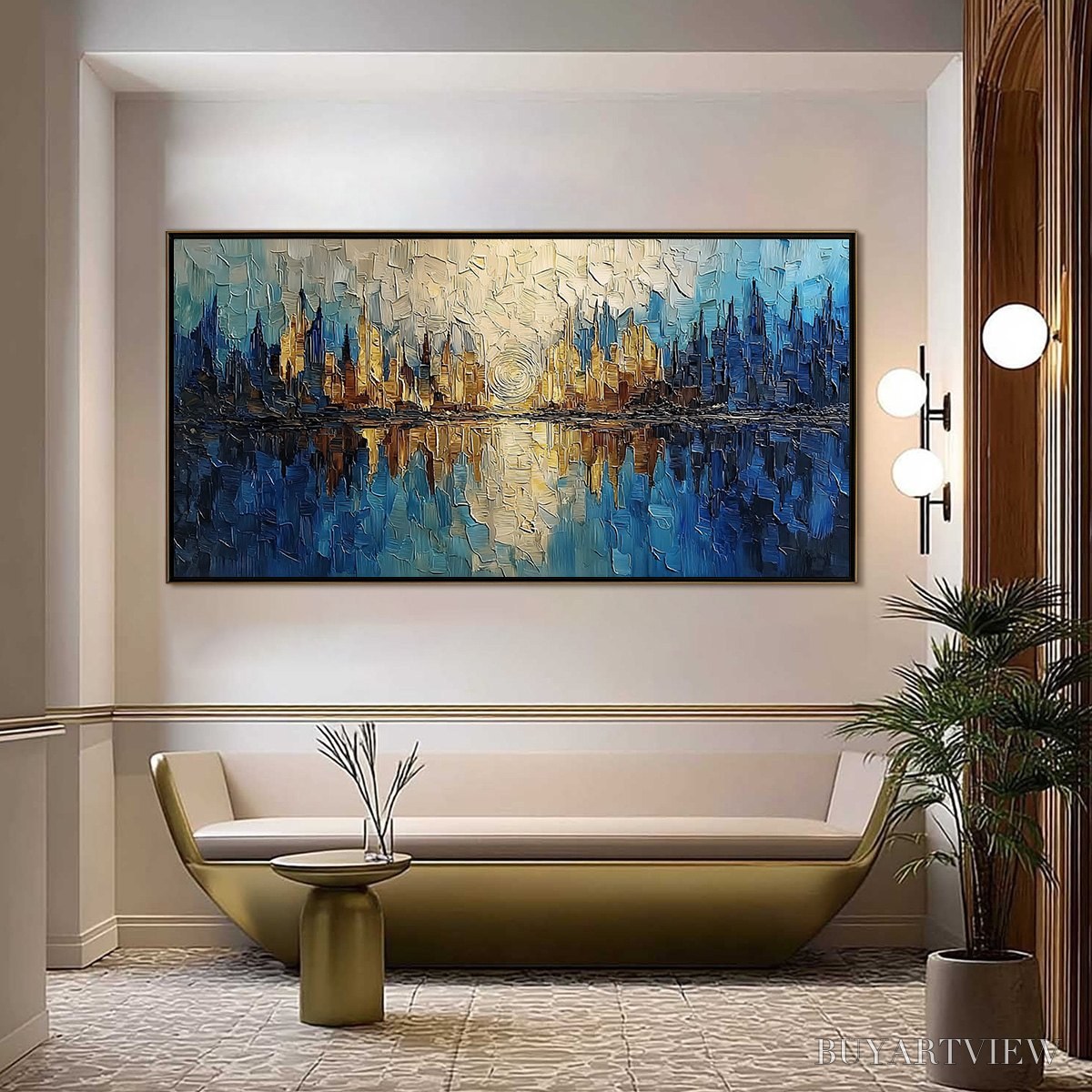 BUYARTVIEW Golden Horizon Abstract Cityscape Textured Oil Painting - image 2