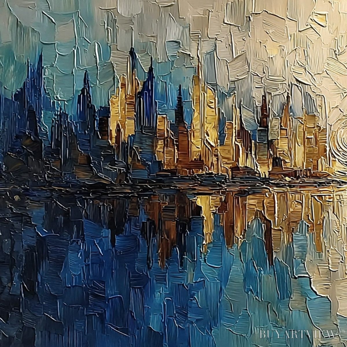 BUYARTVIEW Golden Horizon Abstract Cityscape Textured Oil Painting - image 3