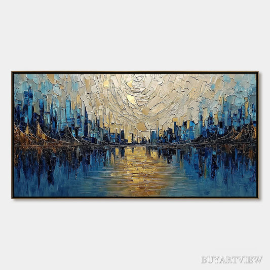 BUYARTVIEW Golden Horizon – Textured Palette Knife Cityscape Reflection Painting - image 1