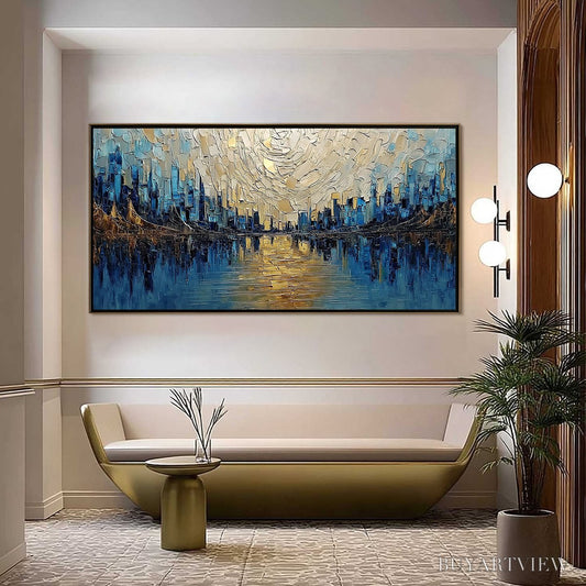 BUYARTVIEW Golden Horizon – Textured Palette Knife Cityscape Reflection Painting - image 2
