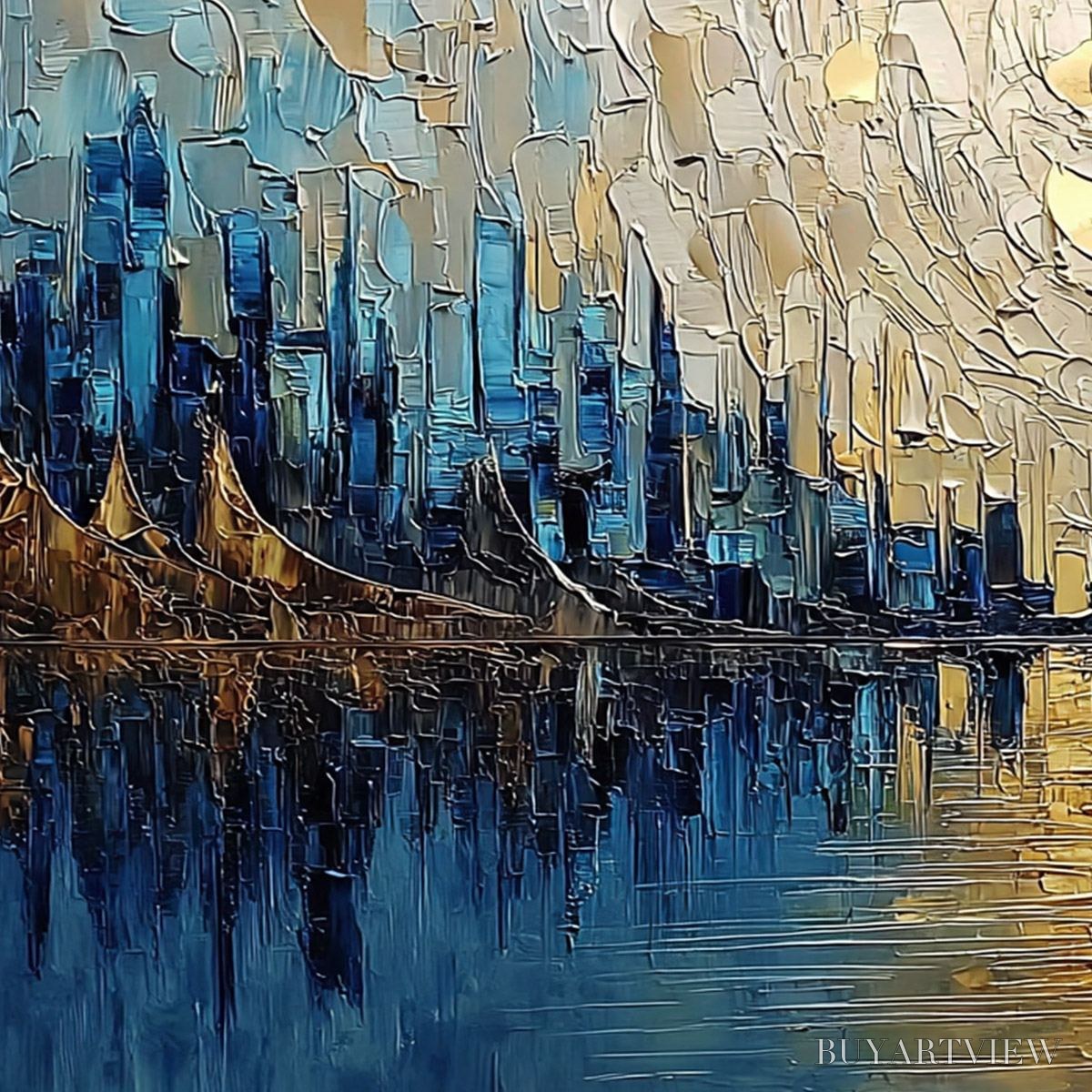 BUYARTVIEW Golden Horizon – Textured Palette Knife Cityscape Reflection Painting - image 3
