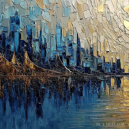 BUYARTVIEW Golden Horizon – Textured Palette Knife Cityscape Reflection Painting - image 3