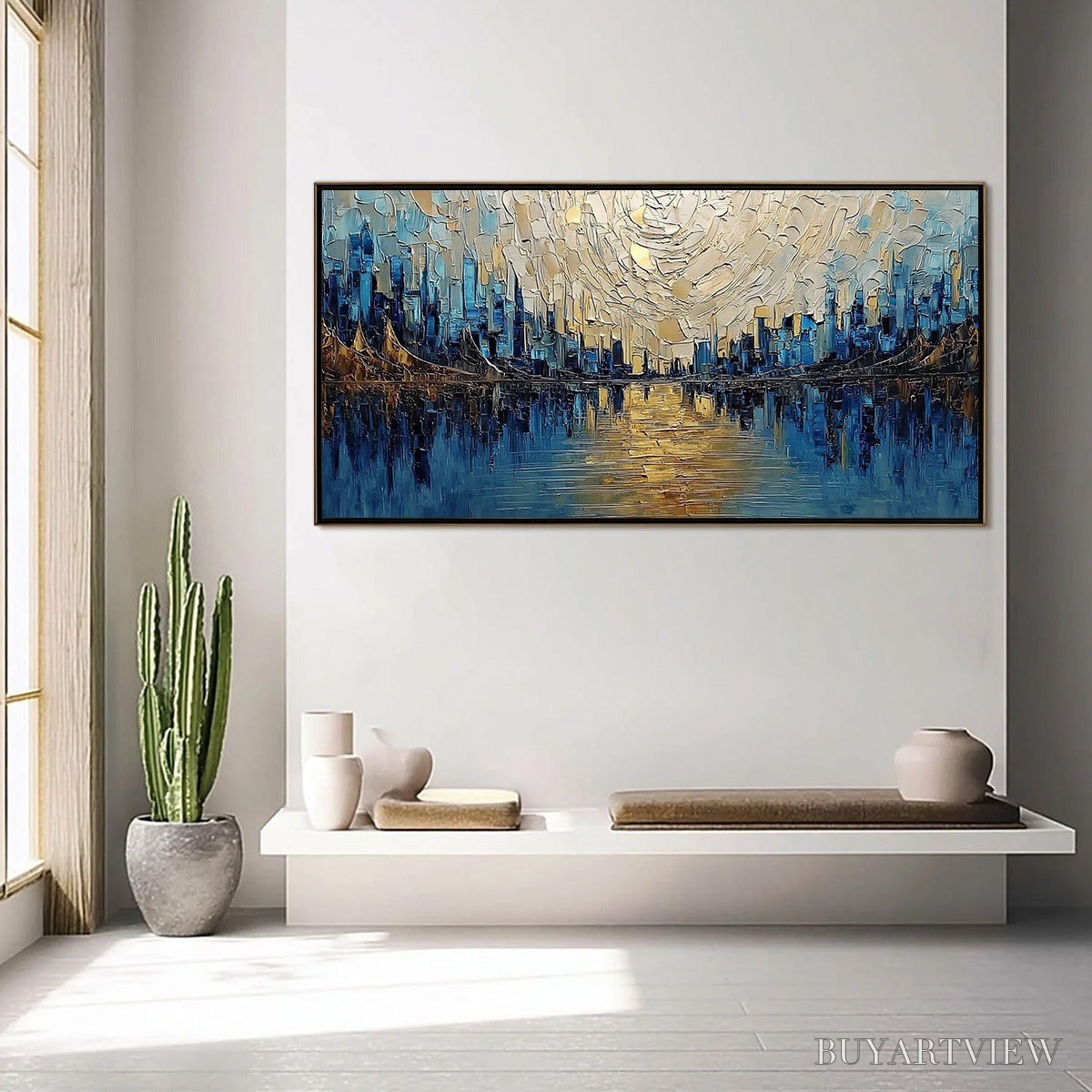 BUYARTVIEW Golden Horizon – Textured Palette Knife Cityscape Reflection Painting - image 4