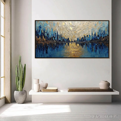 BUYARTVIEW Golden Horizon – Textured Palette Knife Cityscape Reflection Painting - image 4