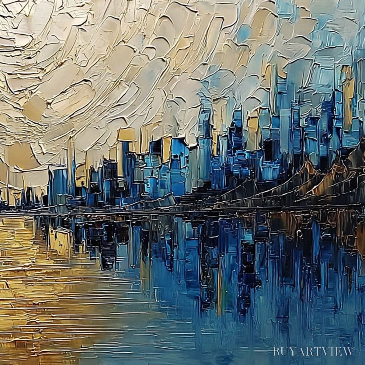 BUYARTVIEW Golden Horizon – Textured Palette Knife Cityscape Reflection Painting - image 5
