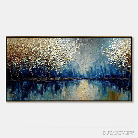 BUYARTVIEW Golden Horizon – Textured Abstract Cityscape Painting with Golden Hues - image 1