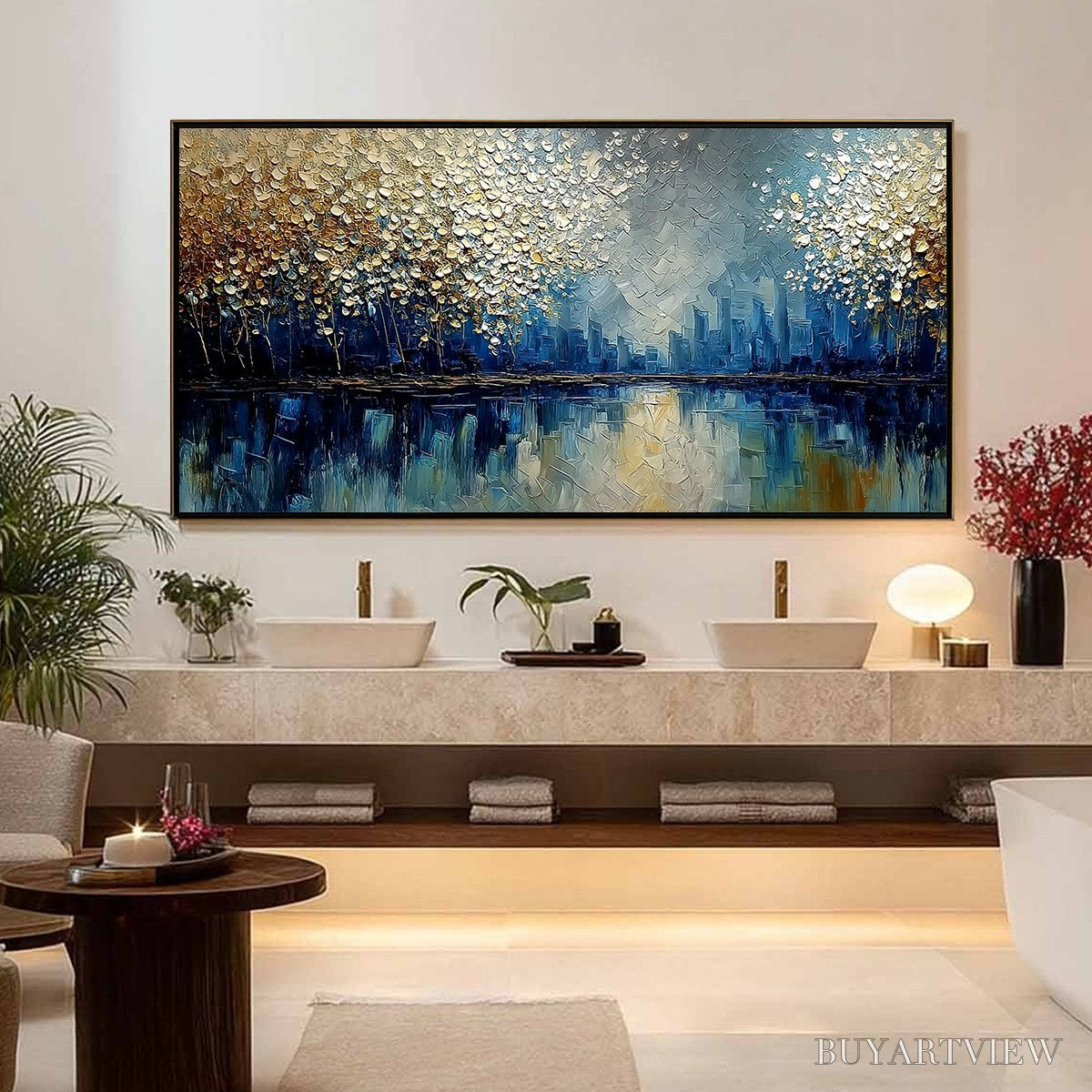 BUYARTVIEW Golden Horizon – Textured Abstract Cityscape Painting with Golden Hues - image 4