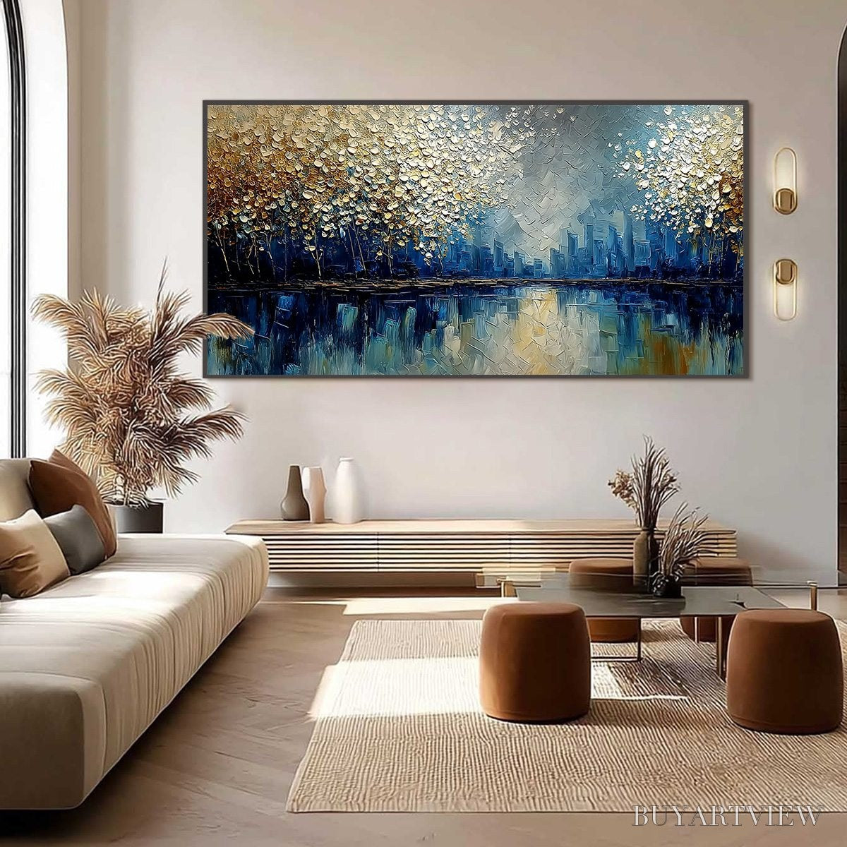 BUYARTVIEW Golden Horizon – Textured Abstract Cityscape Painting with Golden Hues - image 6