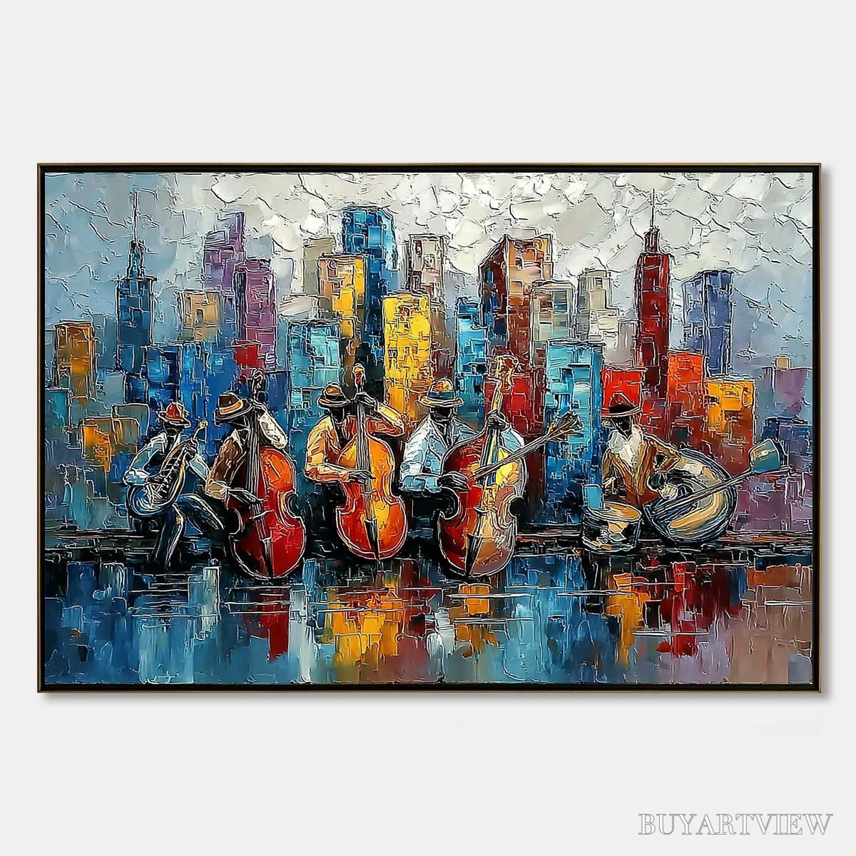 BUYARTVIEW Urban Serenade – Textured Palette Knife Painting of Jazz Musicians and Cityscape - image 1