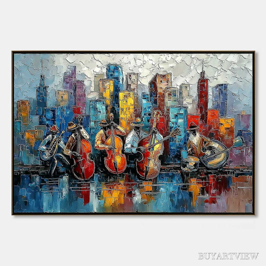 BUYARTVIEW Urban Serenade – Textured Palette Knife Painting of Jazz Musicians and Cityscape - image 1