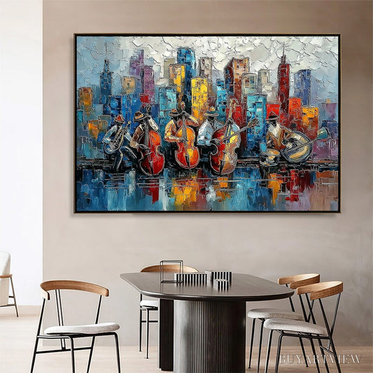 BUYARTVIEW Urban Serenade – Textured Palette Knife Painting of Jazz Musicians and Cityscape - image 2