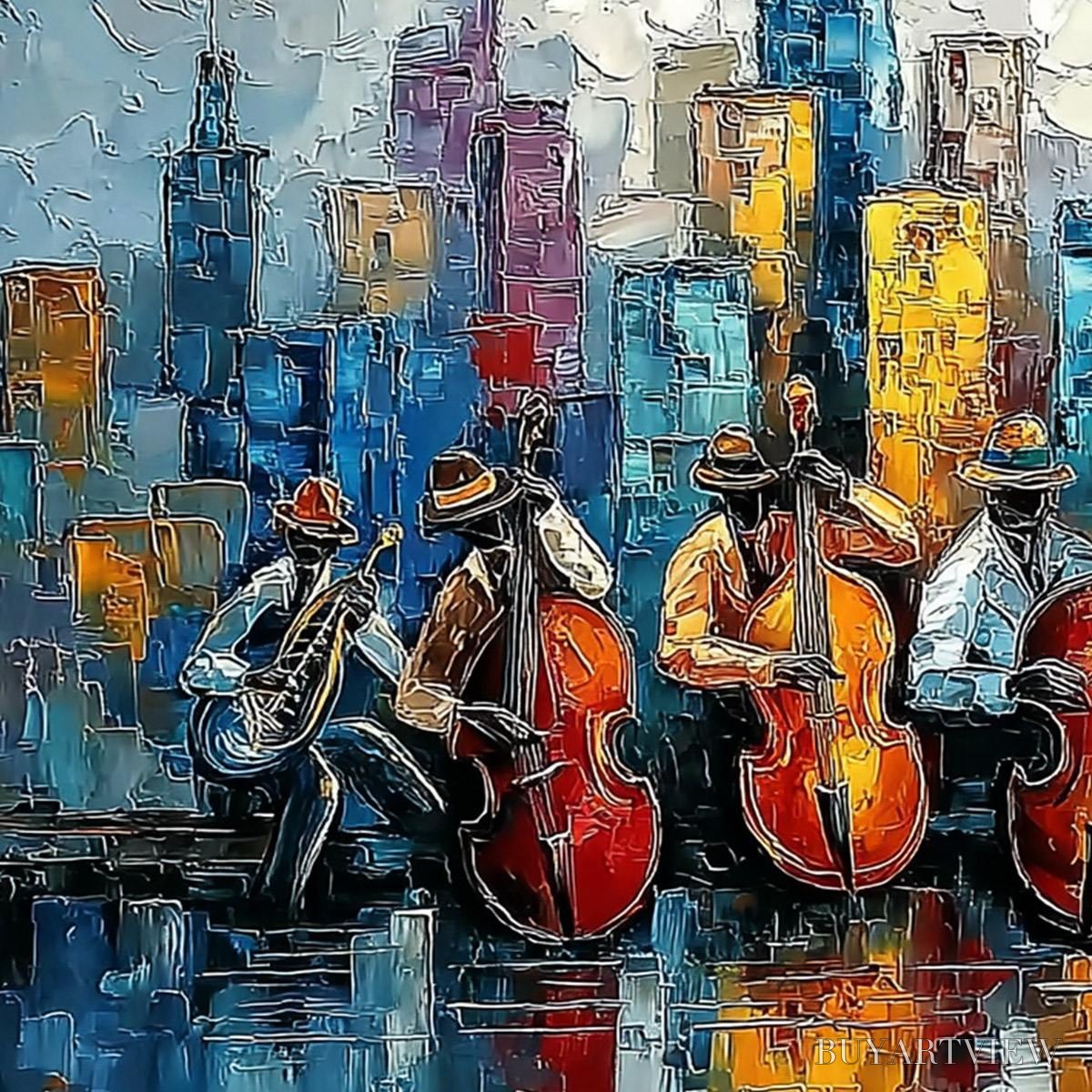 BUYARTVIEW Urban Serenade – Textured Palette Knife Painting of Jazz Musicians and Cityscape - image 3