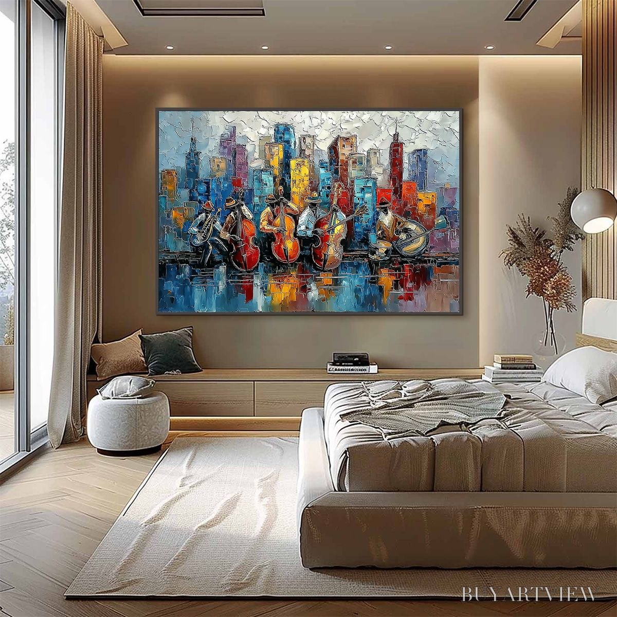 BUYARTVIEW Urban Serenade – Textured Palette Knife Painting of Jazz Musicians and Cityscape - image 4