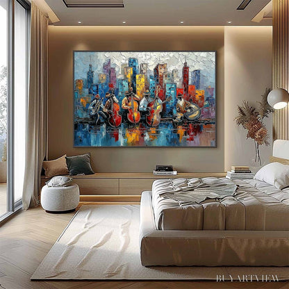 BUYARTVIEW Urban Serenade – Textured Palette Knife Painting of Jazz Musicians and Cityscape - image 4