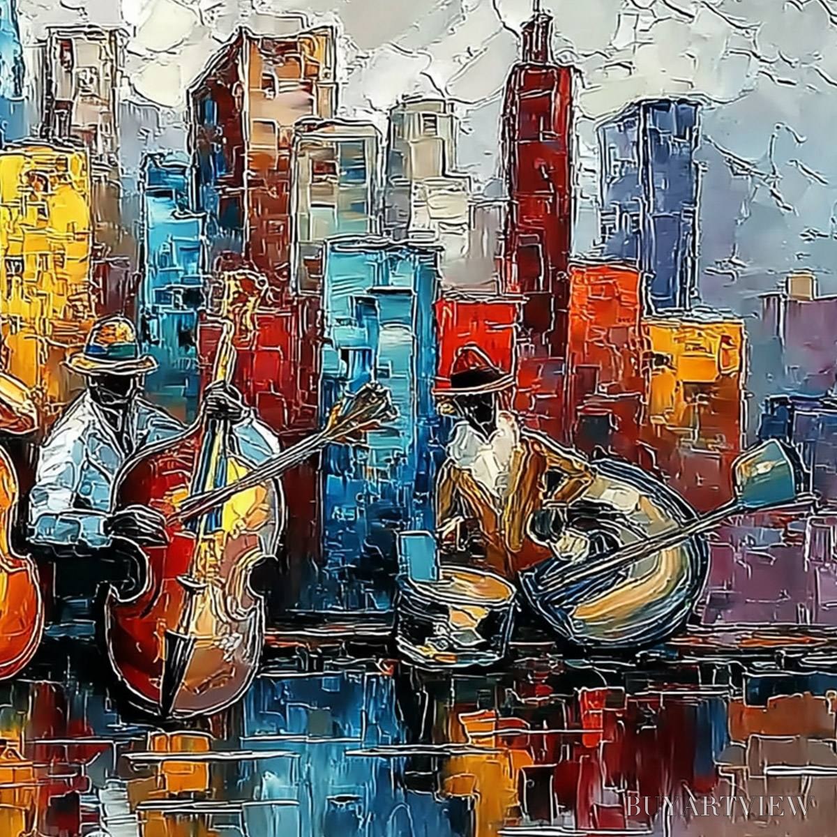BUYARTVIEW Urban Serenade – Textured Palette Knife Painting of Jazz Musicians and Cityscape - image 5
