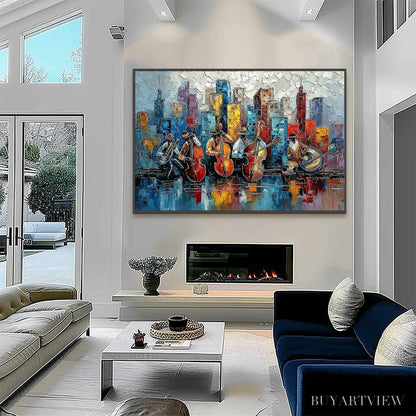 BUYARTVIEW Urban Serenade – Textured Palette Knife Painting of Jazz Musicians and Cityscape - image 6