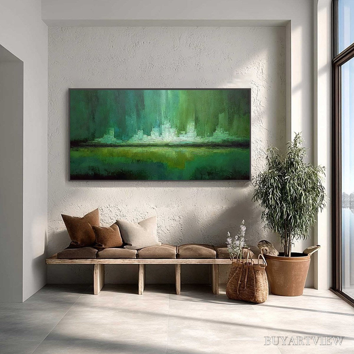 BUYARTVIEW Emerald Horizon – Abstract Green Textured Cityscape Oil Painting - image 2