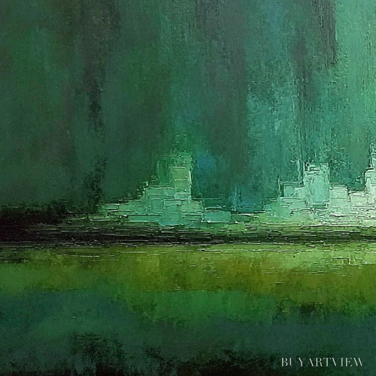 BUYARTVIEW Emerald Horizon – Abstract Green Textured Cityscape Oil Painting - image 3