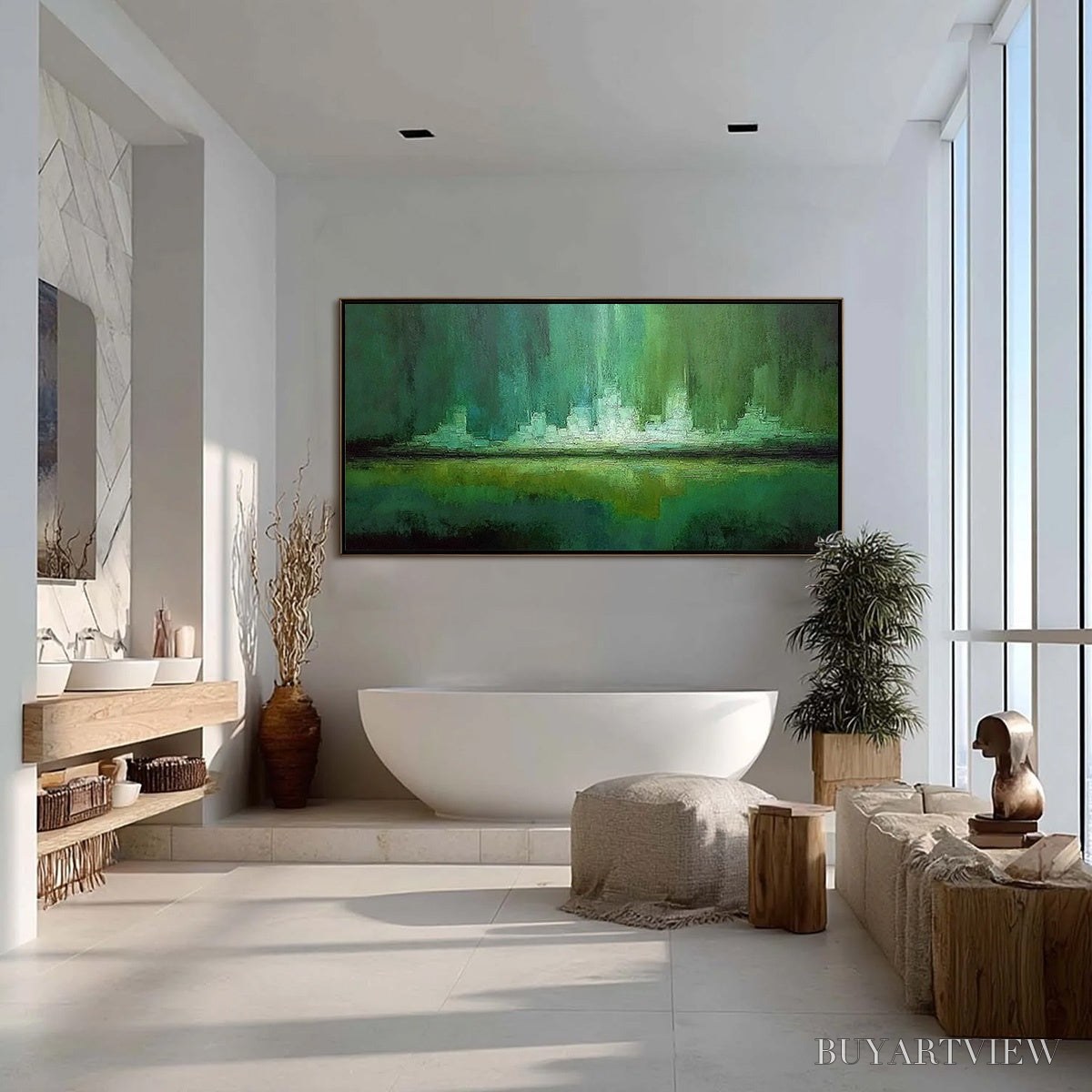 BUYARTVIEW Emerald Horizon – Abstract Green Textured Cityscape Oil Painting - image 4