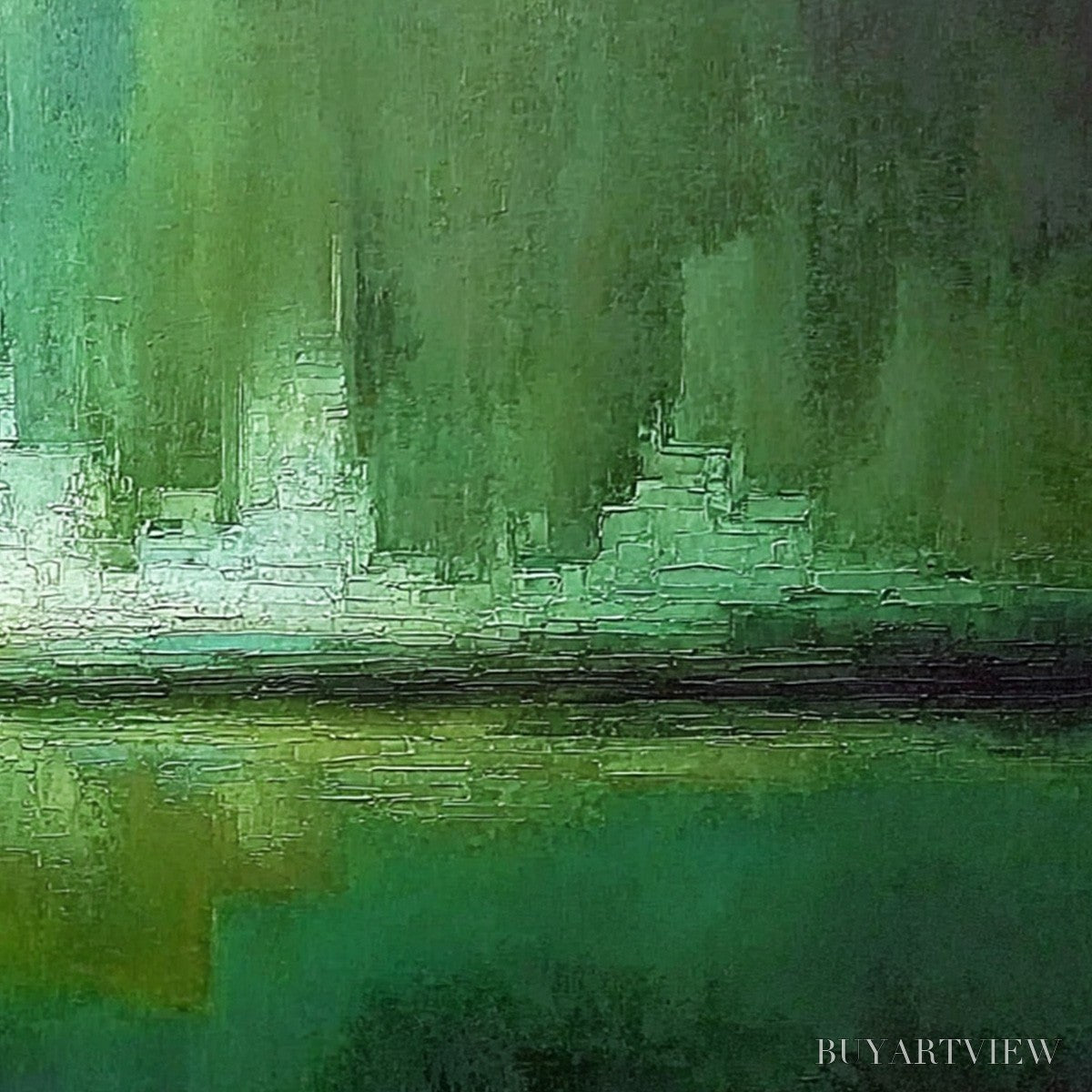 BUYARTVIEW Emerald Horizon – Abstract Green Textured Cityscape Oil Painting - image 5