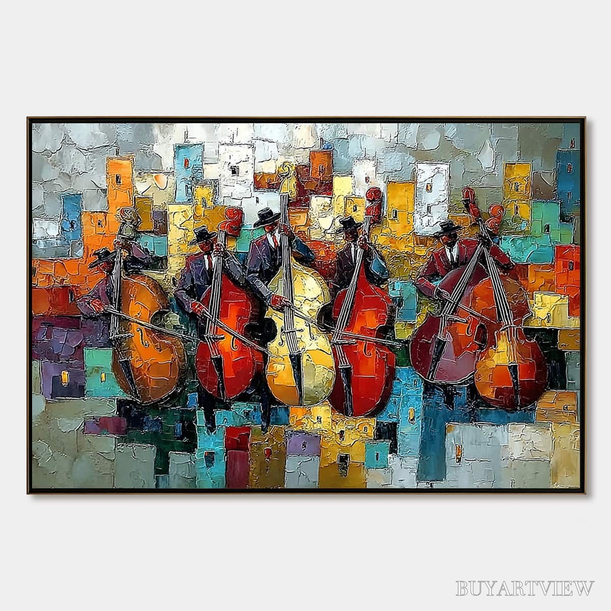 BUYARTVIEW Urban Serenade – Vibrant Palette Knife Painting of Musicians in Cityscape - image 1