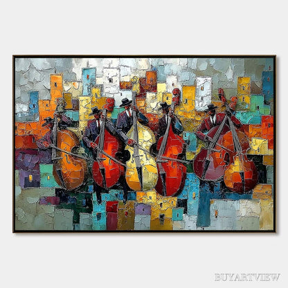 BUYARTVIEW Urban Serenade – Vibrant Palette Knife Painting of Musicians in Cityscape - image 1