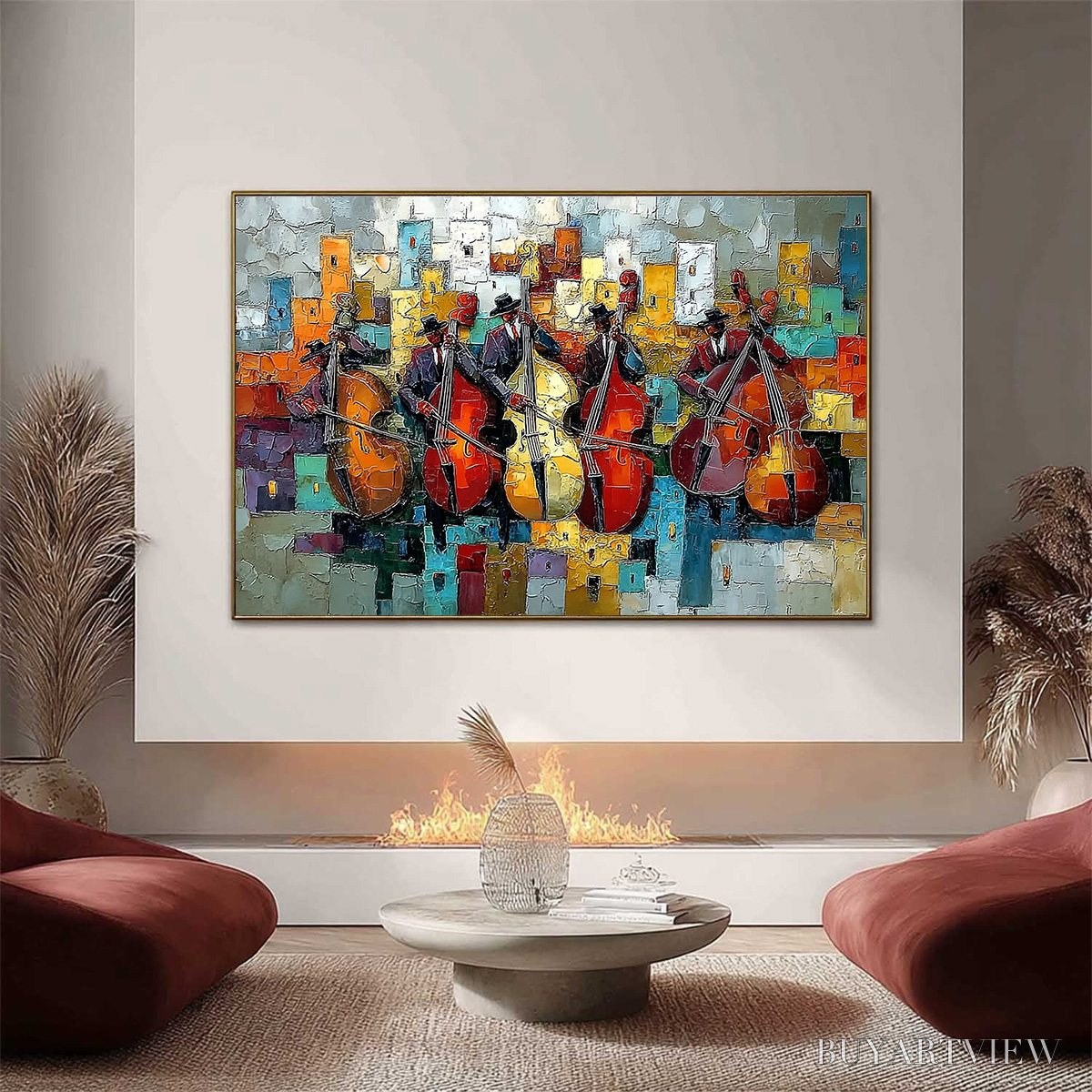 BUYARTVIEW Urban Serenade – Vibrant Palette Knife Painting of Musicians in Cityscape - image 2