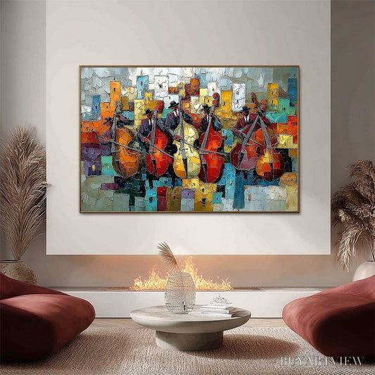 BUYARTVIEW Urban Serenade – Vibrant Palette Knife Painting of Musicians in Cityscape - image 2
