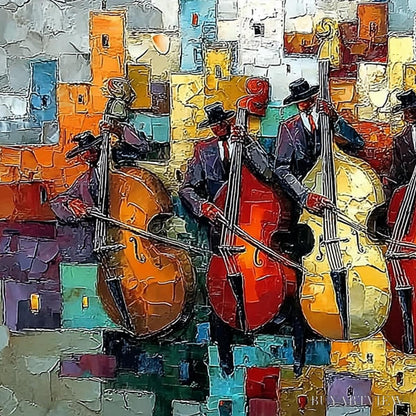 BUYARTVIEW Urban Serenade – Vibrant Palette Knife Painting of Musicians in Cityscape - image 3