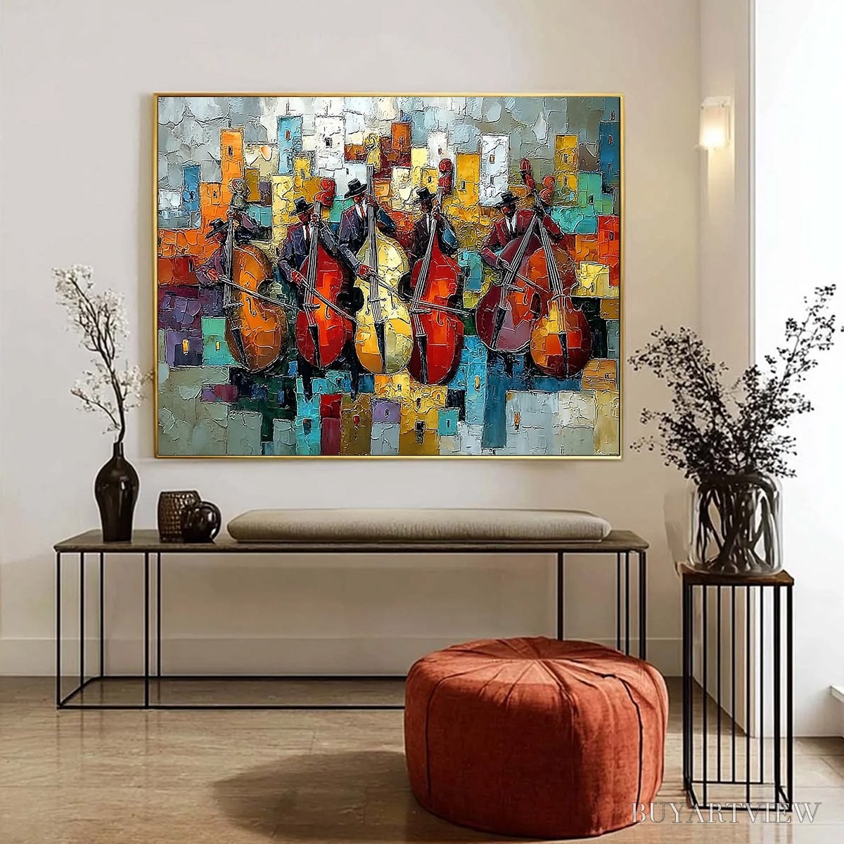 BUYARTVIEW Urban Serenade – Vibrant Palette Knife Painting of Musicians in Cityscape - image 6