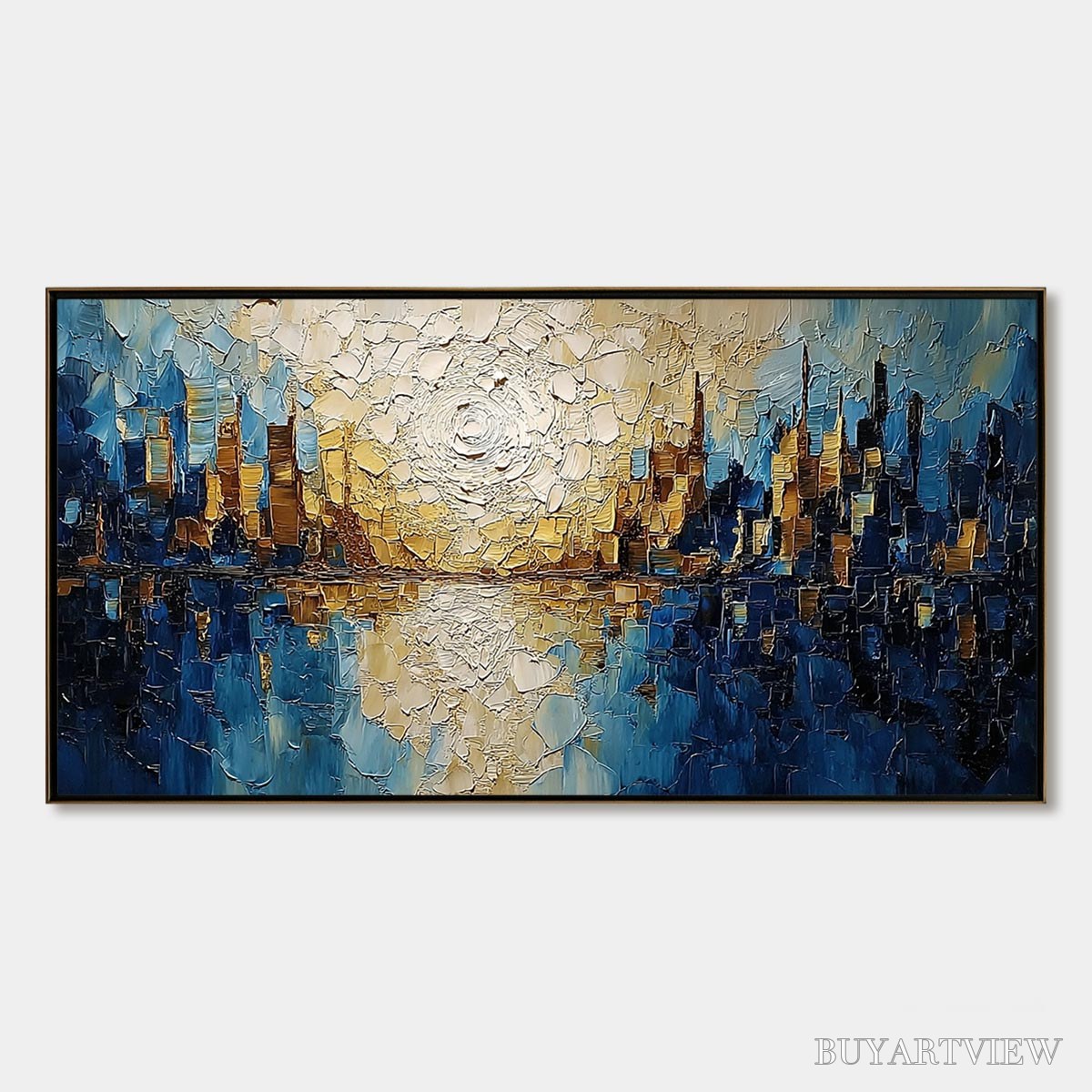 BUYARTVIEW Golden Horizon – Textured Impasto Cityscape Reflection Oil Painting - image 1