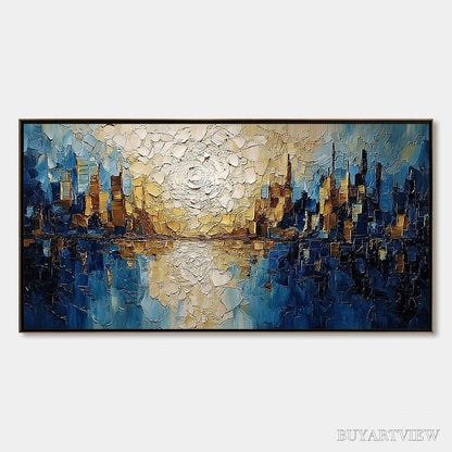 BUYARTVIEW Golden Horizon – Textured Impasto Cityscape Reflection Oil Painting - image 1