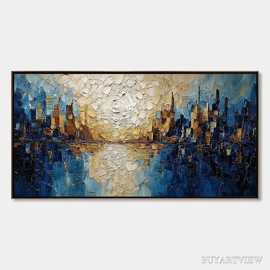 BUYARTVIEW Golden Horizon – Textured Impasto Cityscape Reflection Oil Painting - image 1