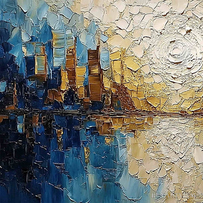 BUYARTVIEW Golden Horizon – Textured Impasto Cityscape Reflection Oil Painting - image 3