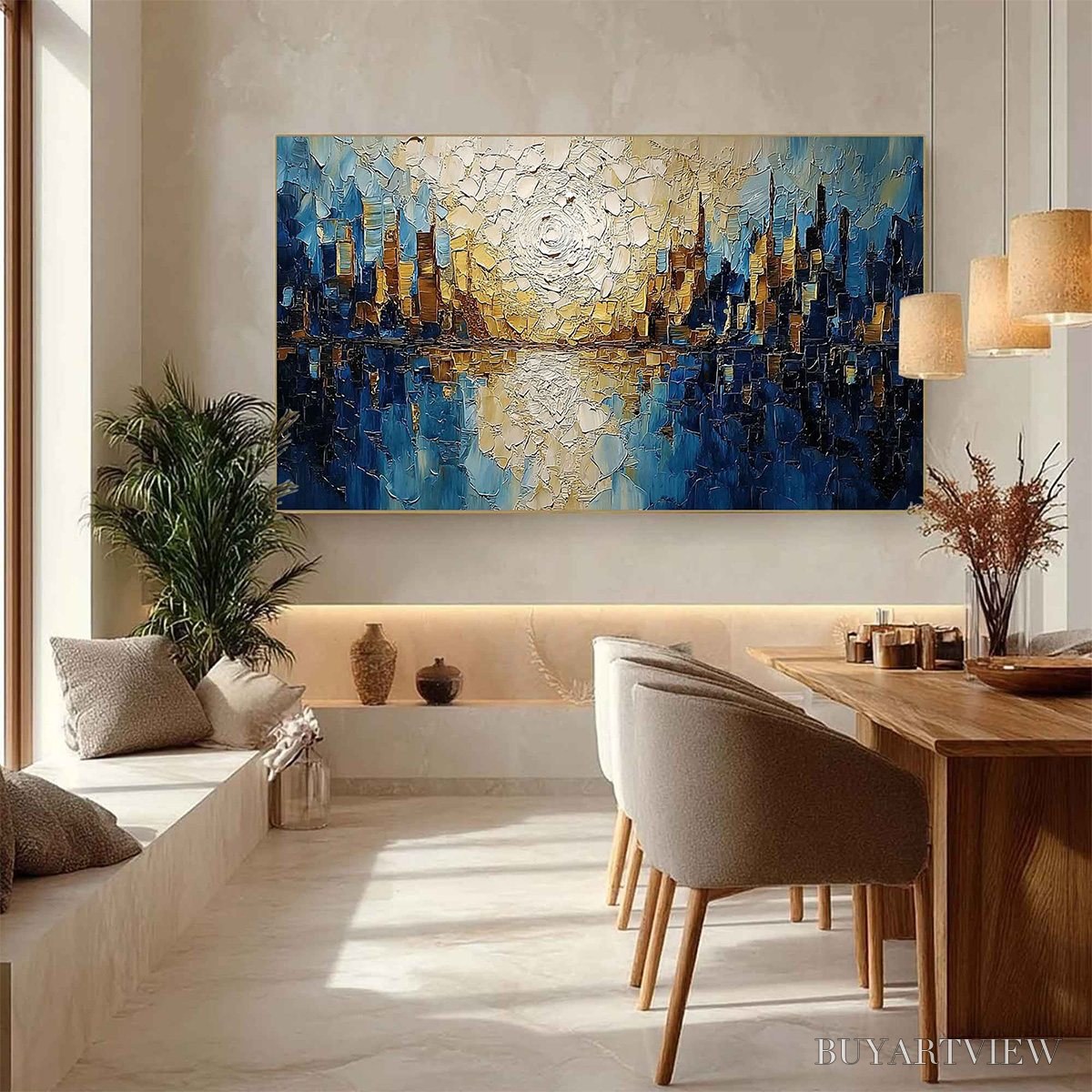 BUYARTVIEW Golden Horizon – Textured Impasto Cityscape Reflection Oil Painting - image 4