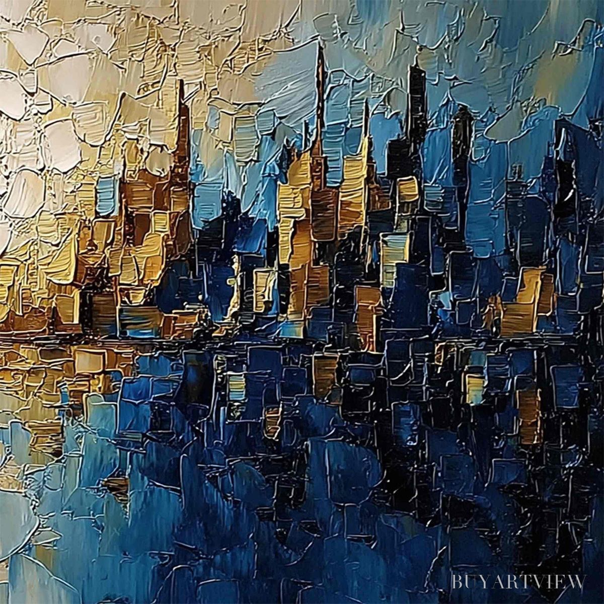 BUYARTVIEW Golden Horizon – Textured Impasto Cityscape Reflection Oil Painting - image 5